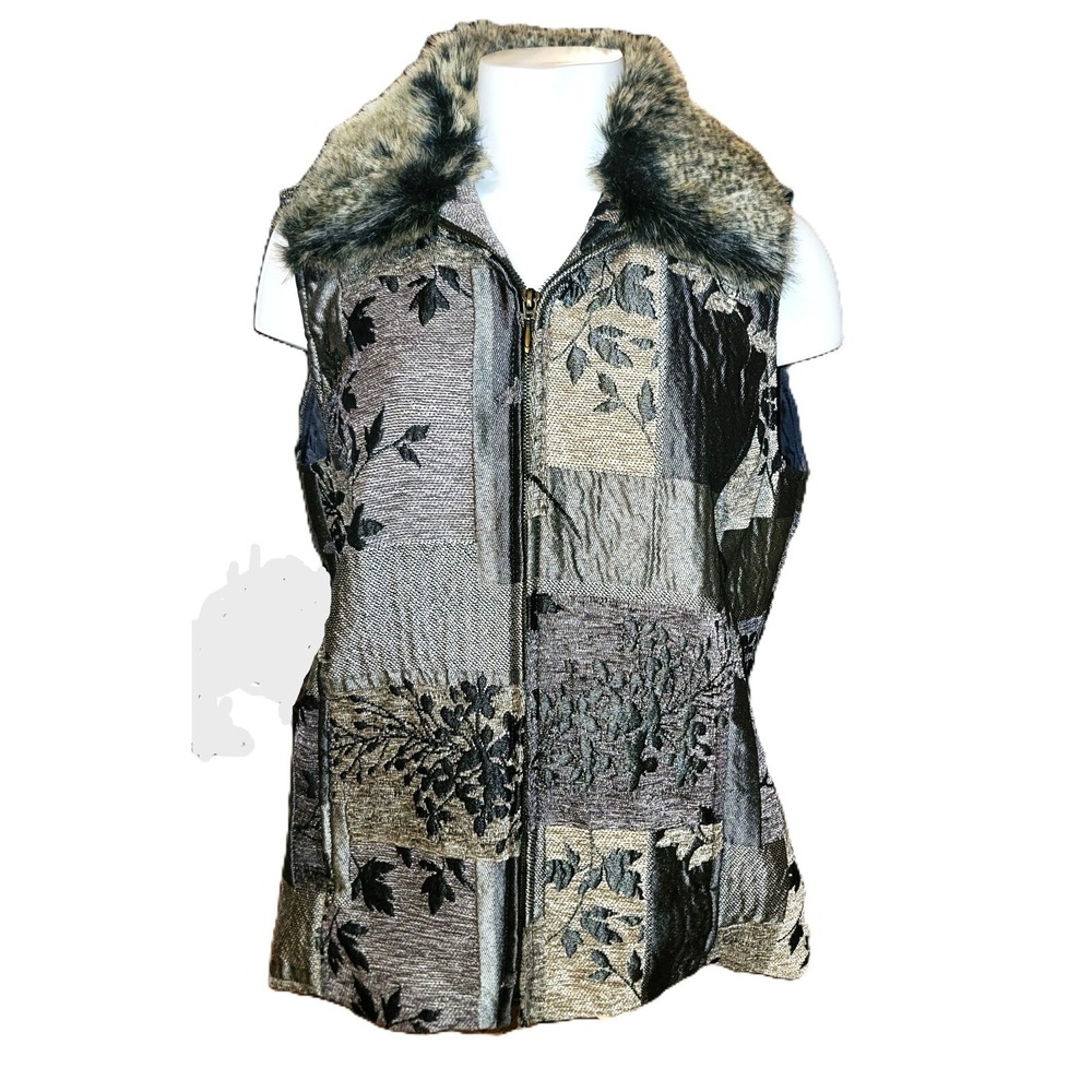 Coldwater Creek Patchwork Tapestry Vest w Faux Fur Collar Size Women's Sz Large